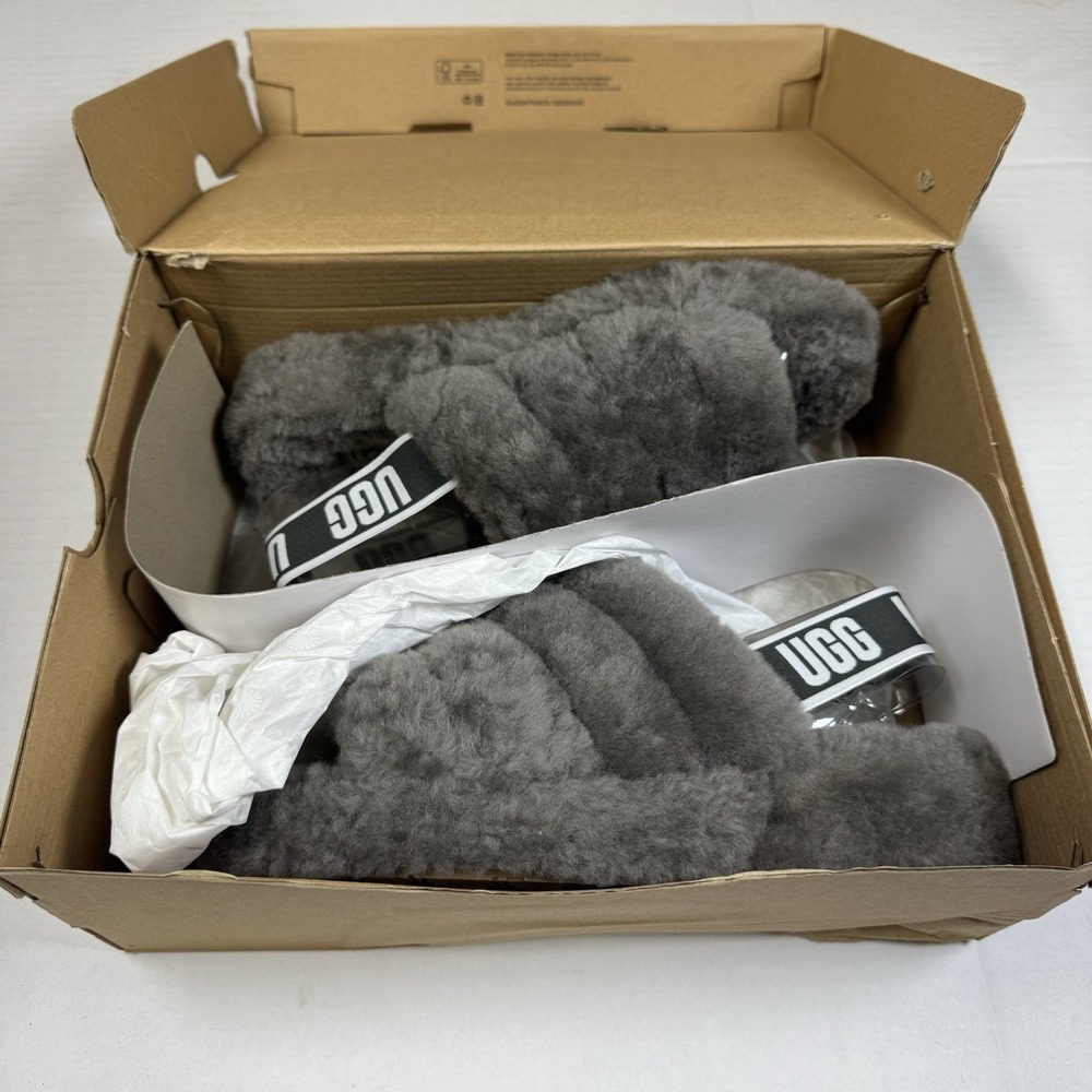 UGG CHARCOAL FLUFF YEAH SLIDE SHEEPSKIN SLIPPER SANDALS Size 9B, WOMEN NIB